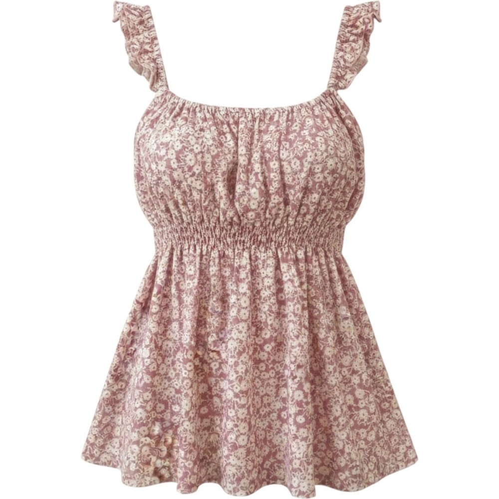 FunJuly PLUS SIZE XXL X fitted waist tank top ruffle straps gathered floral pink
